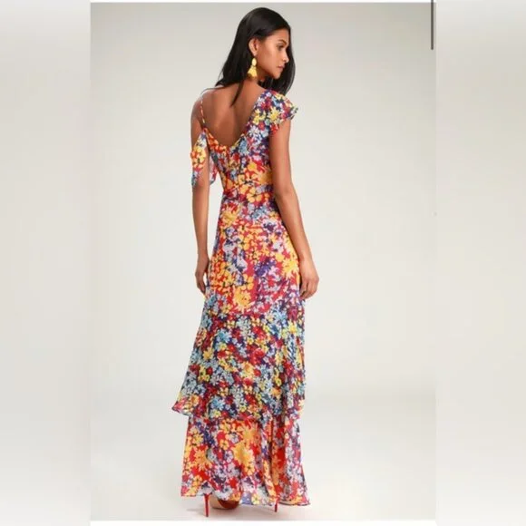 Lulus Radiant Ruby Red Floral Print Chiffon Maxi Dress Size L Worn Once - Picture 4 of 14